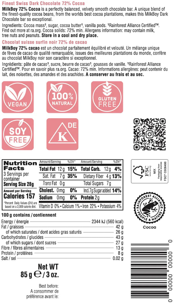 Milkly Dark Chocolate Bar label with nutritional information and certification logos.