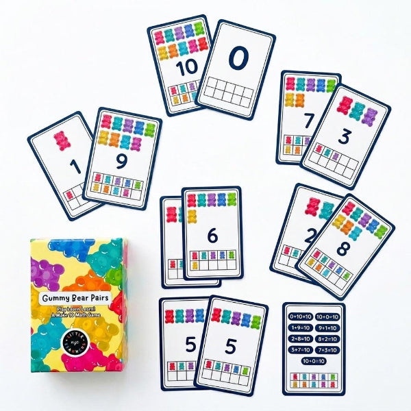 Educational card game with number cards and a colorful box on a white background