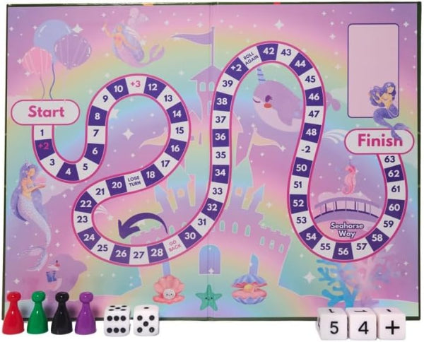 Board game with mermaid theme, colorful board, and game pieces.