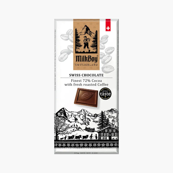MilkBoy Swiss Chocolate packaging with scenic design on a white background