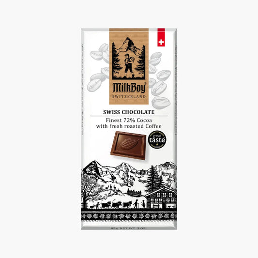 MilkBoy Swiss Chocolate packaging with scenic design on a white background