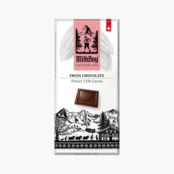 MilkBoy Swiss Chocolate packaging with scenic design on a white background