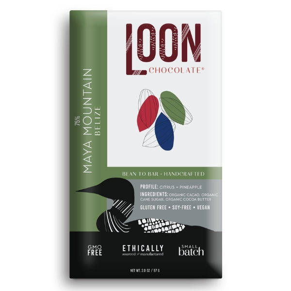 Loon Chocolate Maya Mountain Belize bean-to-bar chocolate packaging on a white background