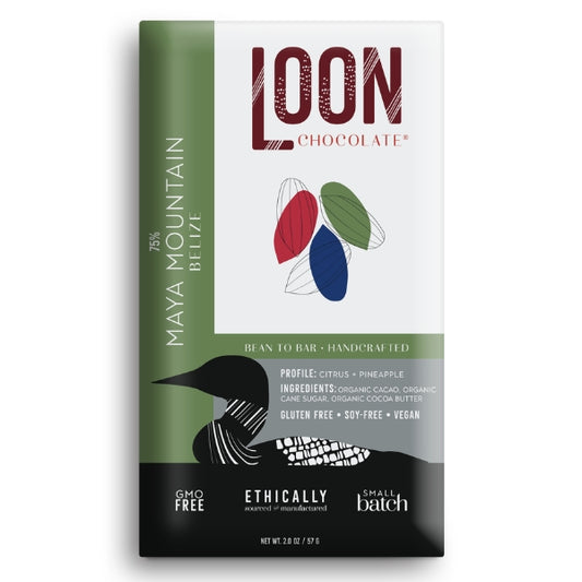 Loon Chocolate Maya Mountain Belize bean-to-bar chocolate packaging on a white background