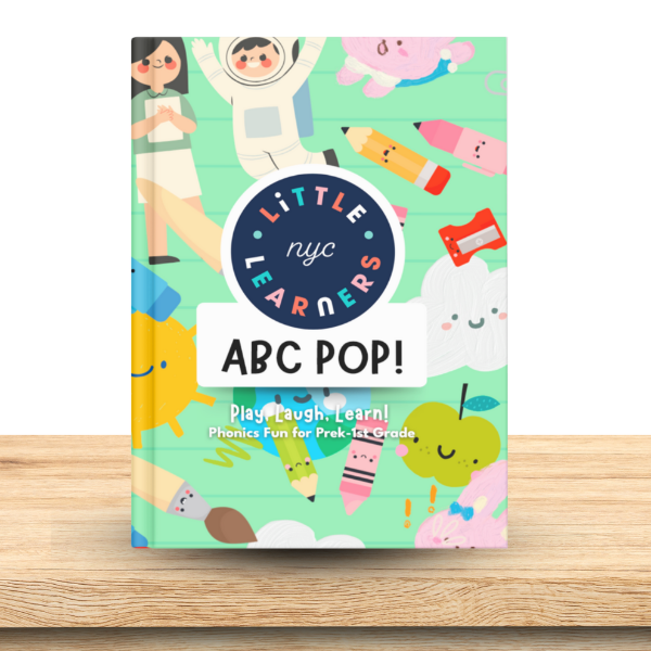 Children's game titled 'ABC Pop!' by Little NYC Learners on a wooden surface