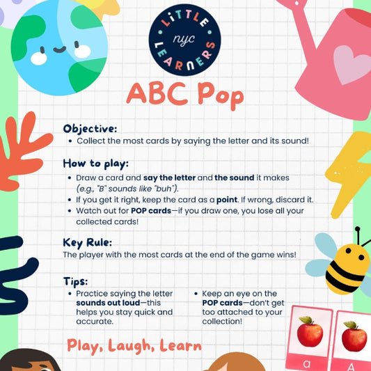 Children's educational game sheet titled 'ABC Pop' with colorful graphics and instructions.