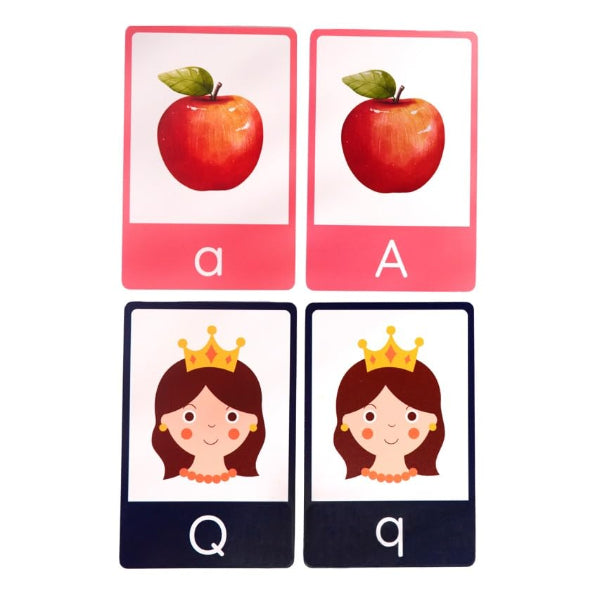 Educational cards with an apple, letter 'A', and a princess illustration on a white background.