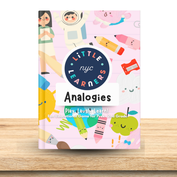 Card Game titled 'Little Learners Analogies' on a wooden surface
