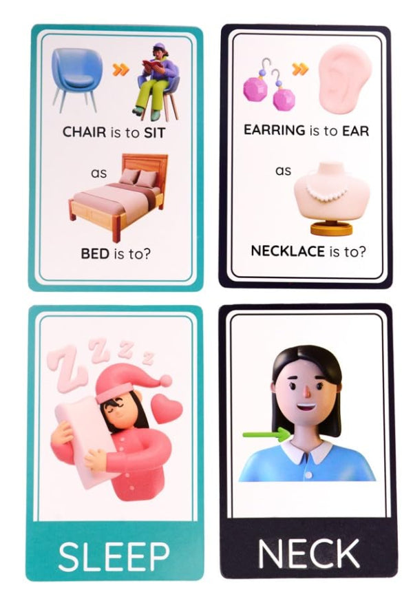 Four educational cards with images and text on a white background