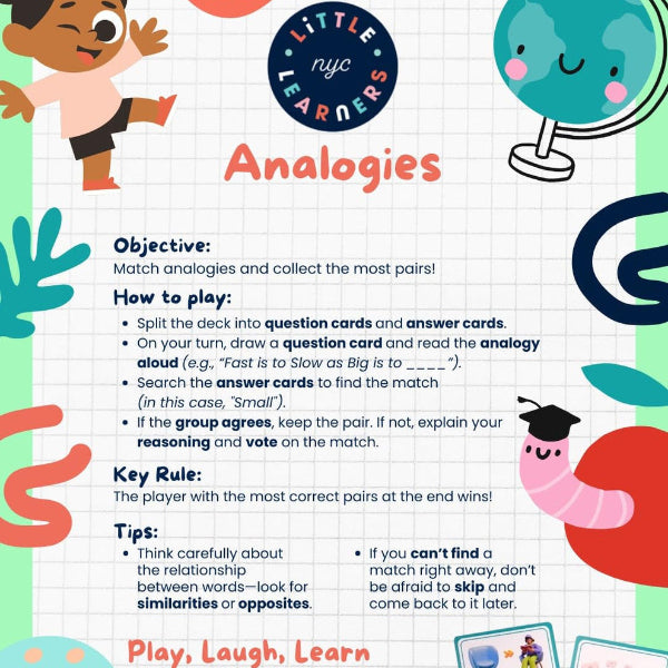Educational game sheet for 'Little Learners' analogies with colorful graphics and text.