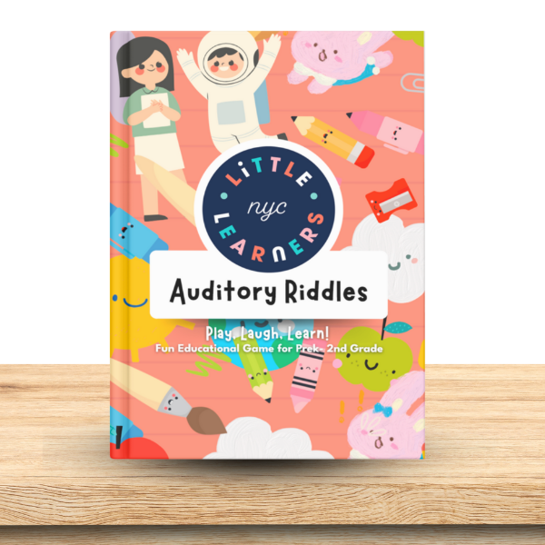 Children's game titled 'Auditory Riddles' by Little NYC Learners on a wooden surface.