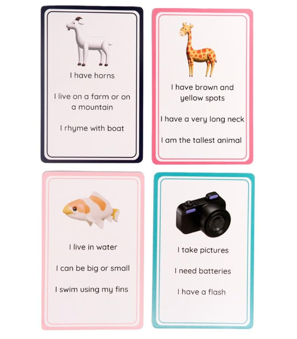 Four educational cards with animal illustrations and text on a white background