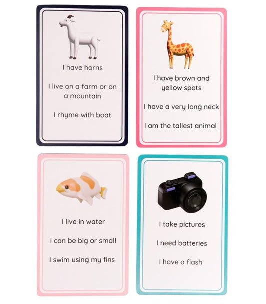 Four educational cards with animal illustrations and text on a white background