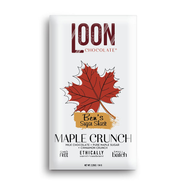 Loon Chocolate Maple Crunch packaging with a red leaf on a white background