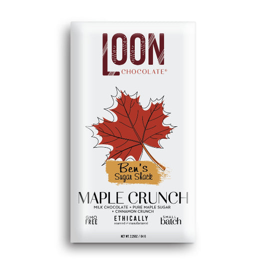 Loon Chocolate Maple Crunch packaging with a red leaf on a white background