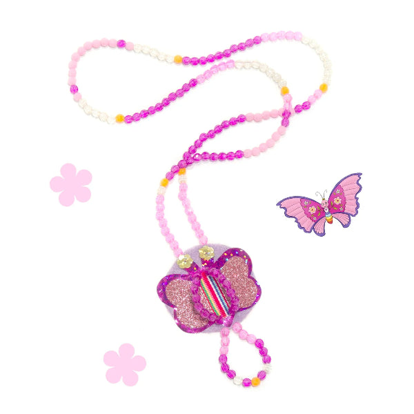 Butterfly-themed necklace with beads on a white background