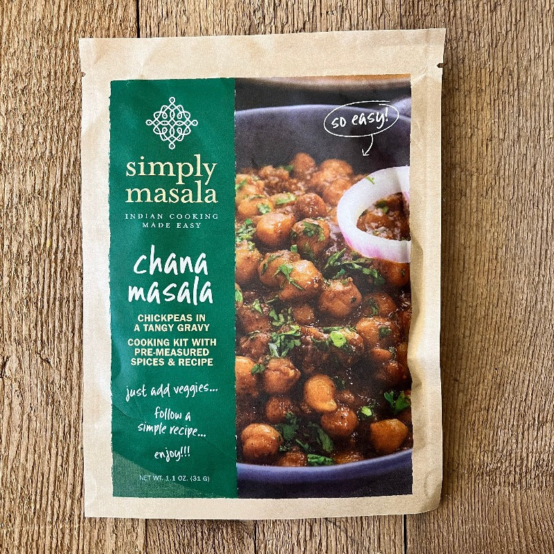 Packaging of 'Simply Masala Chana Masala' showing the product name and an image of chickpeas in a sauce, indicating an Indian culinary product.