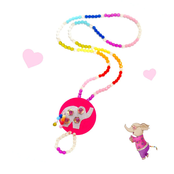 Colorful beaded necklace with a pink pendant featuring an elephant design on a white background.