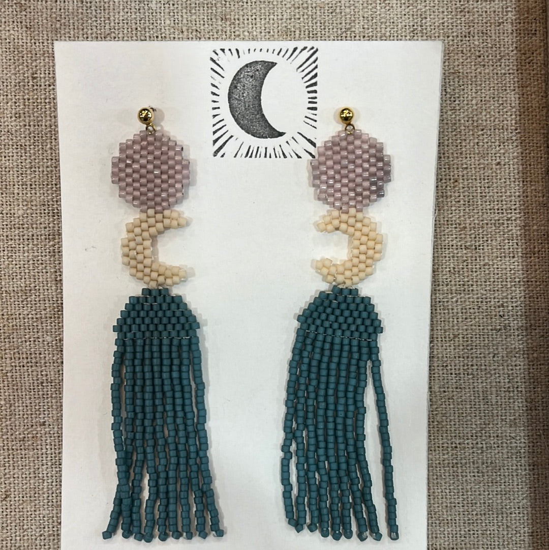 Beaded Moon and Stars Hanging Earrings