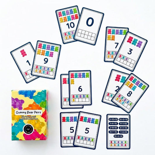 Educational card game with number cards and a colorful box on a white background