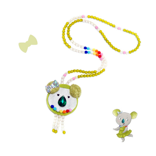 Colorful beaded necklace with a cartoon koala pendant on a white background