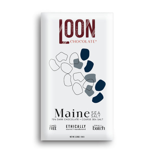 Loon Chocolate Maine Sea Salt chocolate bar packaging on a white background