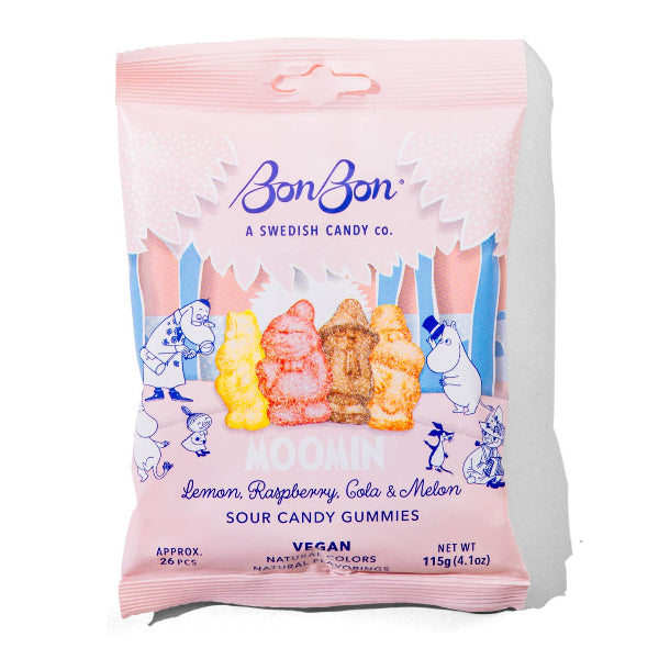 Pink package of BonBon Sour Candy Gummies with cartoon characters on a white background