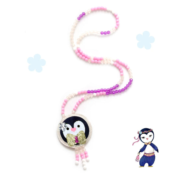 Children's necklace with penguin charm on a white background