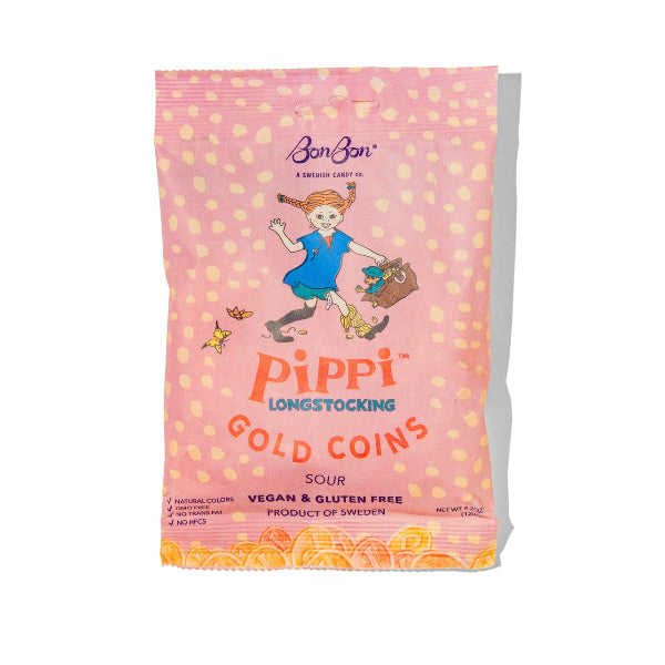 A pink stand-up pouch of BonBon Pippi Longstocking Gold Coins Sour candy, featuring an illustration of Pippi on the front against a white background.