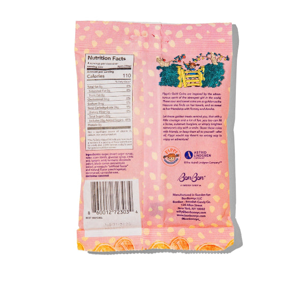 Back view of a pink candy package with text and bar code on a white background