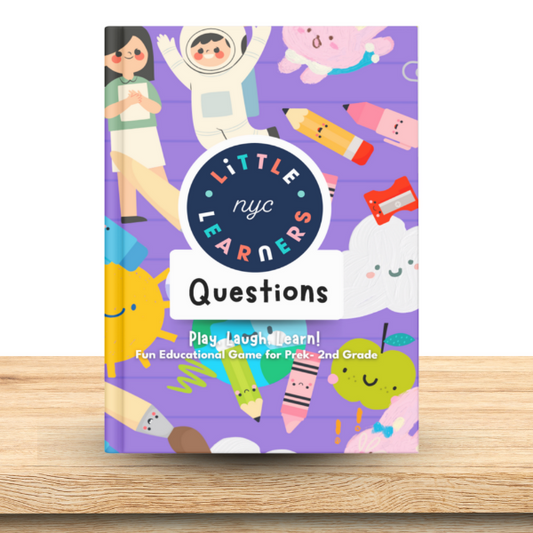 Game titled 'Questions' by Little Learners NYC on a wooden surface with colorful illustrations on the cover.