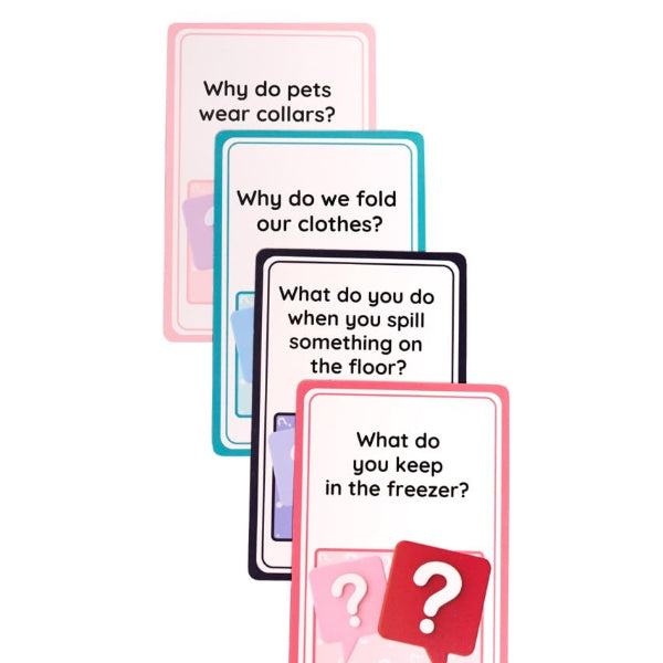 Set of cards with humorous questions on a white background