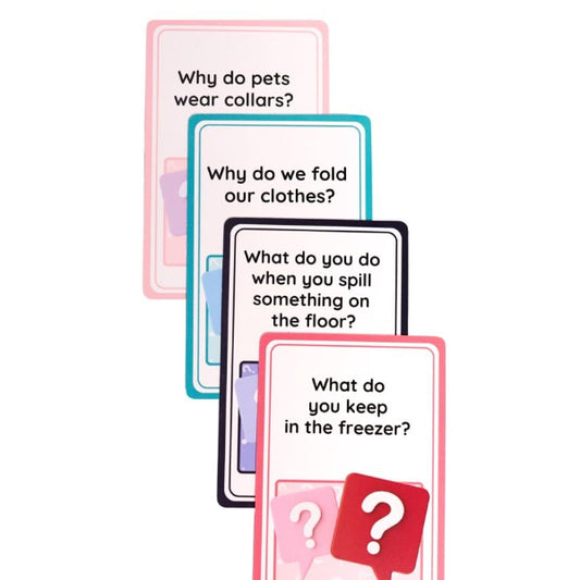 Set of cards with humorous questions on a white background
