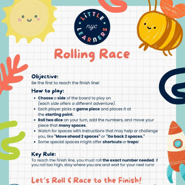 Children's game board with cartoon characters and game instructions for 'Rolling Race' by Little Learners NYC.