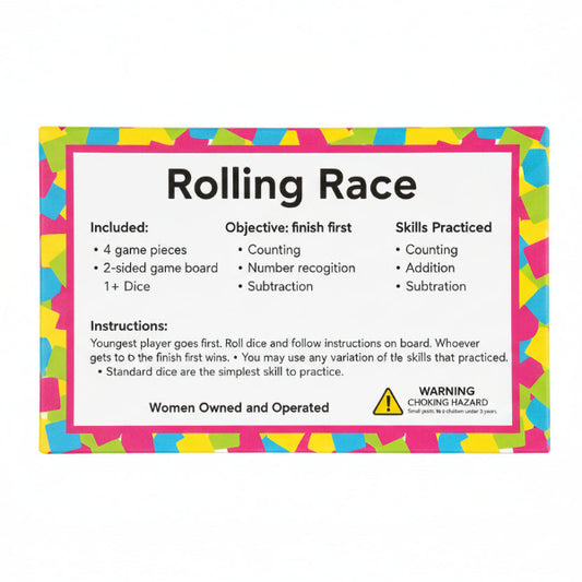 Colorful game box for 'Rolling Race' on a white background