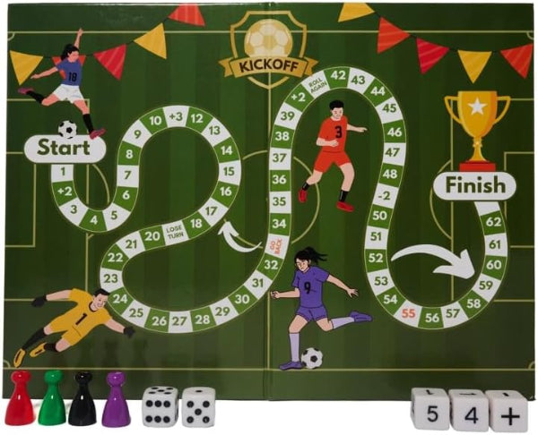 Board game with soccer theme featuring players, dice, and a trophy on a green field background.