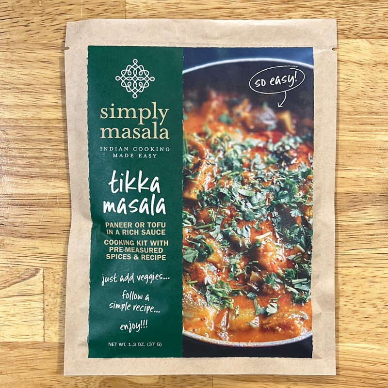 Packaging of Simply Masala Tikka Masala mix with an image of the prepared tikka masala dish, including vegetables and spices.