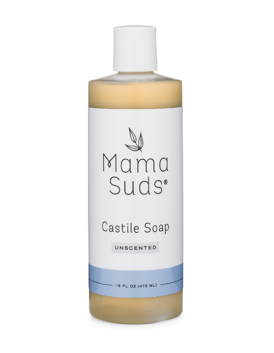 A 16 fl oz bottle of Mama Suds Castile Soap, unscented, with a white label and white cap, showing the light tan liquid inside, on a white background.