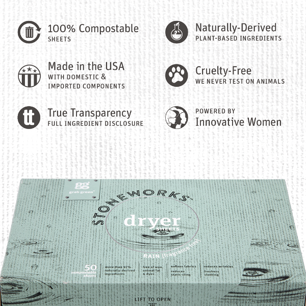 Stoneworks dryer box with sustainability and product features listed above it on a white background.