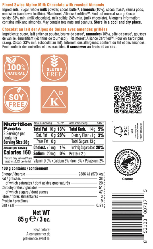Alpine Milk Chocolate bar packaging with nutritional information and allergen details.