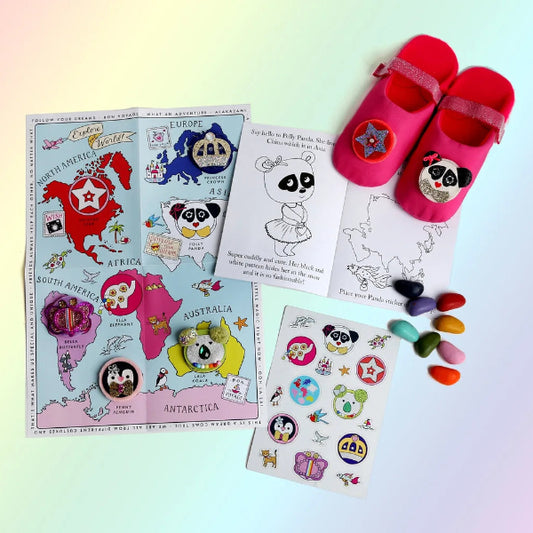 Colorful children's stickers and shoes on a gradient background